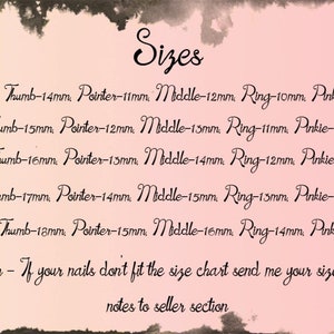 Puede incluir: Un gr&aacute;fico que muestra los tama&ntilde;os de las u&ntilde;as en mil&iacute;metros para diferentes longitudes de dedos. El gr&aacute;fico incluye tama&ntilde;os para el pulgar, el &iacute;ndice, el medio, el anular y el me&ntilde;ique. Los tama&ntilde;os van del XS al XL. Una nota en la parte inferior del gr&aacute;fico dice "Personalizado - Si tus u&ntilde;as no se ajustan a la tabla de tallas, env&iacute;ame tus tallas en la secci&oacute;n de notas al vendedor."