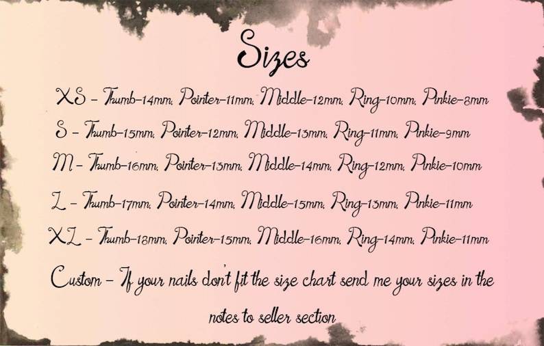 Puede incluir: Un gr&aacute;fico que muestra los tama&ntilde;os de las u&ntilde;as en mil&iacute;metros para diferentes longitudes de dedos. El gr&aacute;fico incluye tama&ntilde;os para el pulgar, el &iacute;ndice, el medio, el anular y el me&ntilde;ique. Los tama&ntilde;os van del XS al XL. Una nota en la parte inferior del gr&aacute;fico dice "Personalizado - Si tus u&ntilde;as no se ajustan a la tabla de tallas, env&iacute;ame tus tallas en la secci&oacute;n de notas al vendedor."