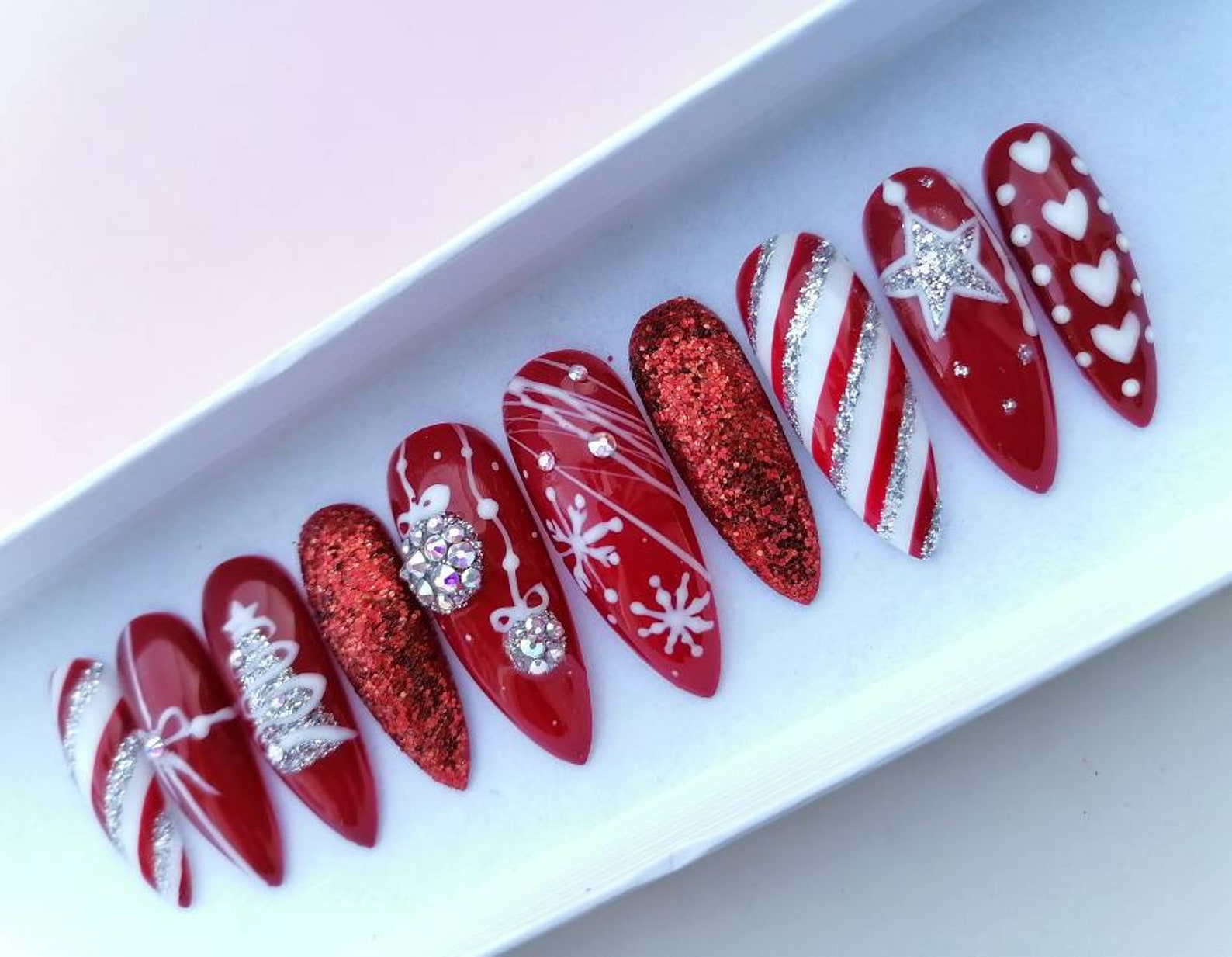 Christmas Red Snowflakes False Nails Glitter Xmas Winter False - Etsy