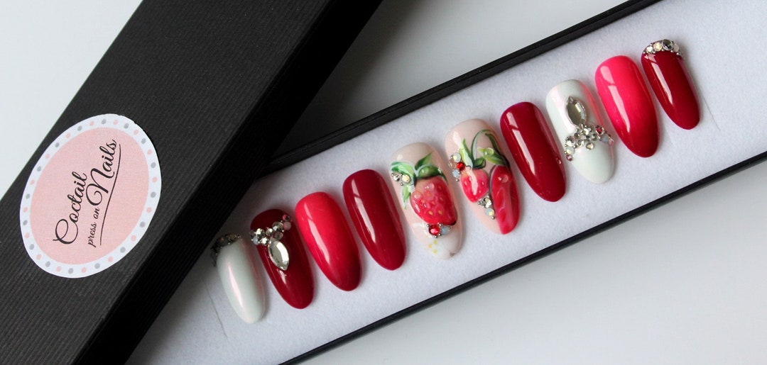 Strawberry Dream Swarovski Nails False Nails Press on - Etsy