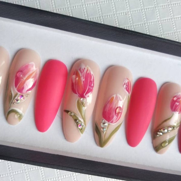 Luxury Tulips Flowers Fake nails • Pink Floral False nails •Rhinestones Matte and Glossy press on nails • Crystals stick on nails