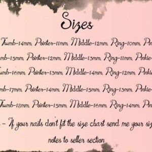 K&ouml;nnte beinhalten: Eine Tabelle mit Nagelgr&ouml;&szlig;en f&uuml;r k&uuml;nstliche N&auml;gel. Die Tabelle zeigt die Gr&ouml;&szlig;en f&uuml;r Daumen, Zeigefinger, Mittelfinger, Ringfinger und kleinen Finger. Die Gr&ouml;&szlig;en reichen von XS bis XL. Kundenspezifische Gr&ouml;&szlig;en sind verf&uuml;gbar.