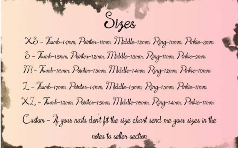 K&ouml;nnte beinhalten: Eine Tabelle mit Nagelgr&ouml;&szlig;en f&uuml;r k&uuml;nstliche N&auml;gel. Die Tabelle zeigt die Gr&ouml;&szlig;en f&uuml;r Daumen, Zeigefinger, Mittelfinger, Ringfinger und kleinen Finger. Die Gr&ouml;&szlig;en reichen von XS bis XL. Kundenspezifische Gr&ouml;&szlig;en sind verf&uuml;gbar.