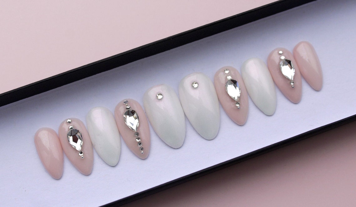 Crystal Pearl Pink Nails Almond Nails Fake Nails False | Etsy