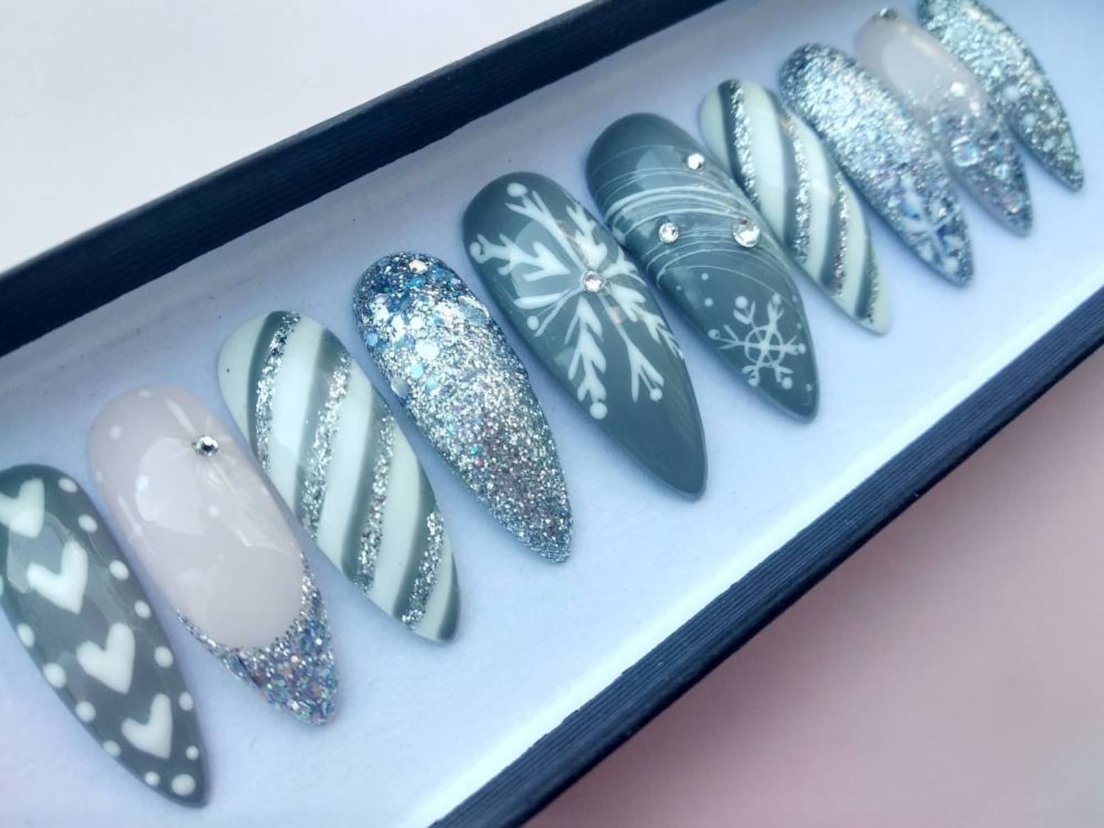 Winter Snow Christmas Fake Nails Xmas False Nails Silver - Etsy