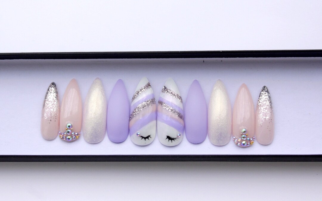 Unicorn Nails Purple Nails Pink Stiletto Nails Swarovski Nails Matte Nails False Nails Press on