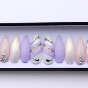 Unicorn Nails | Purple Nails | Pink stiletto Nails | Swarovski nails | Matte nails | False nails | Press on nails | Fake nails | Glossy