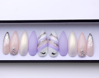 Unicorn Nails | Purple Nails | Pink stiletto Nails | Swarovski nails | Matte nails | False nails | Press on nails | Fake nails | Glossy