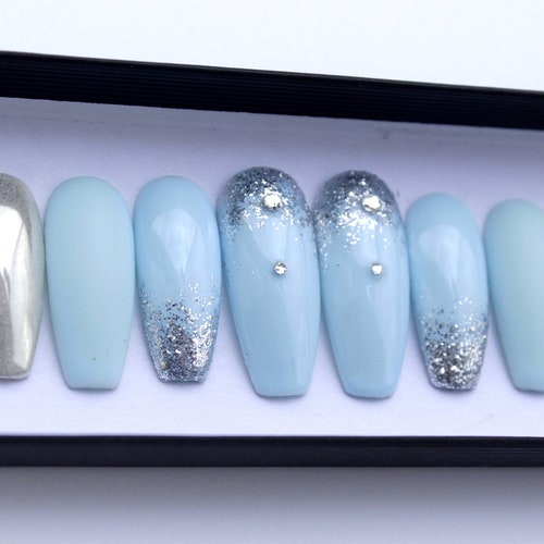 Baby Blue Nails Glitter Coffin Nails Fake Nails - Etsy Baby Blue Nails Glitter Coffin Nails Fake Nails - Etsy