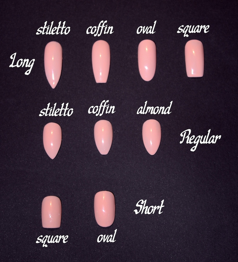 Puede incluir: Un gr&aacute;fico que muestra diferentes formas y longitudes de u&ntilde;as. Las formas incluyen stiletto, ata&uacute;d, ovalado, almendra y cuadrado. Las longitudes incluyen largo, regular y corto.