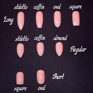 May include: A chart showing different nail shapes and lengths. The shapes include stiletto, coffin, oval, almond, and square. The lengths include long, regular, and short.