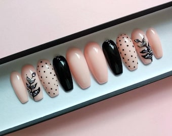 Black and Pink Leaf  False nails * Dots Swarovski nails * Matte coffin nails * False nails * Press on nails * Fake nails * Glue on nails *