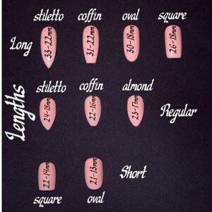 K&ouml;nnte beinhalten: Eine Tabelle mit verschiedenen Nagelformen und -l&auml;ngen in Millimetern. Die Formen umfassen Stiletto, Sarg, Oval, Mandel und Quadrat. Die L&auml;ngen sind als lang, normal und kurz gekennzeichnet.
