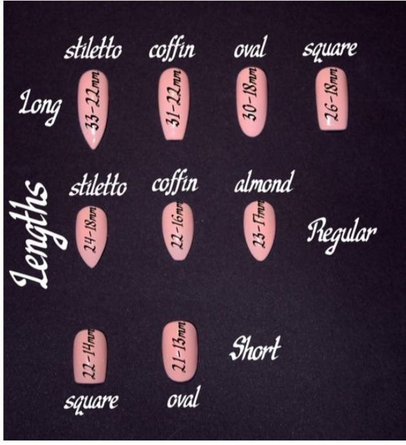 K&ouml;nnte beinhalten: Eine Tabelle mit verschiedenen Nagelformen und -l&auml;ngen in Millimetern. Die Formen umfassen Stiletto, Sarg, Oval, Mandel und Quadrat. Die L&auml;ngen sind als lang, normal und kurz gekennzeichnet.