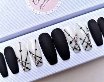 Black and Milk Abstract Matte False nails Crystals Press on nails Rhinestones White False nails Holiday Gift glue on nails Pressons