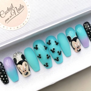 Mickey Mouse Fake Nails * Disney False Nails * Cartoon Ombre Press on nails * Black and White Dots Pressons * Blue Purple Stick on nails