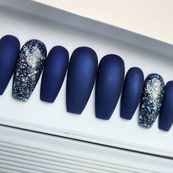 Blue Velvet  Matte False Nails • Royal Blue Fake nails • Stary night Glitter Nails • Custom Press on Nails • Matte and Glossy glue on nails