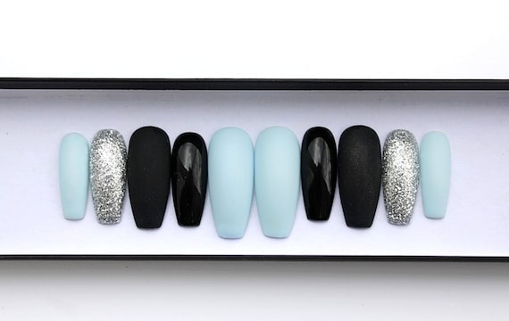 Silver Glitter Black And Baby Blue Nails Ballerina Nails Etsy Silver Glitter Black And Baby Blue Nails Ballerina Nails Etsy