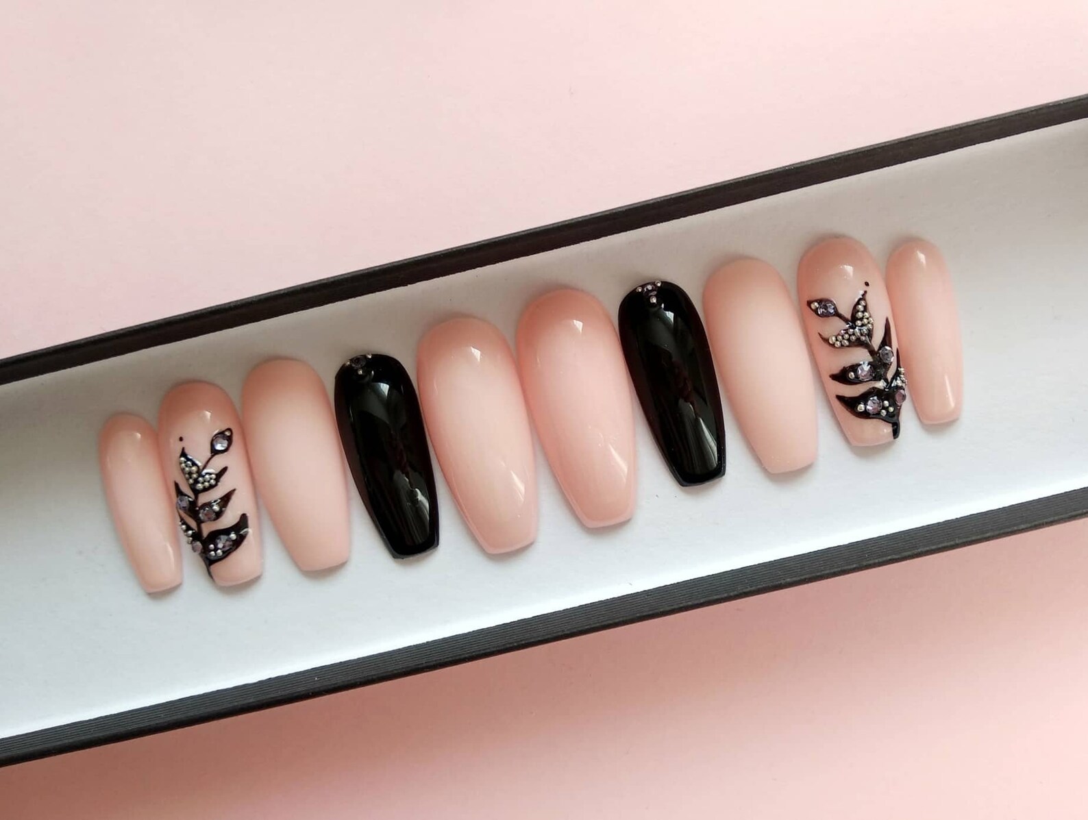 Pink and Black Leaf Nails False Nails Swarovski Nails Etsy