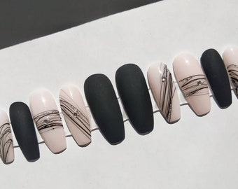Black and Light Pink Glitter Fake nails Matte glue on nails Abstract rhinestones Stick on nails Matte and Glossy Press on nails pressons