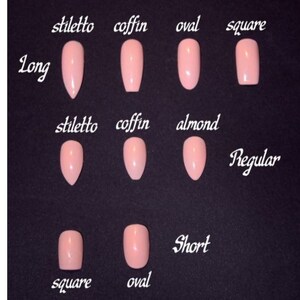 K&ouml;nnte beinhalten: Ein Diagramm, das verschiedene Nagelformen und -l&auml;ngen zeigt. Die Formen umfassen Stiletto, Sarg, Oval, Mandel und Quadrat. Die L&auml;ngen umfassen lang, regul&auml;r und kurz.