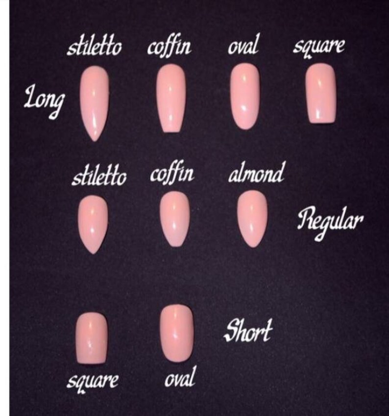 K&ouml;nnte beinhalten: Ein Diagramm, das verschiedene Nagelformen und -l&auml;ngen zeigt. Die Formen umfassen Stiletto, Sarg, Oval, Mandel und Quadrat. Die L&auml;ngen umfassen lang, regul&auml;r und kurz.