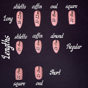 Puede incluir: Un gr&aacute;fico que muestra diferentes formas y longitudes de u&ntilde;as para u&ntilde;as largas, regulares y cortas. Las formas incluyen stiletto, ata&uacute;d, ovalado, almendra y cuadrado. Las longitudes se miden en mil&iacute;metros.