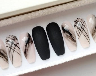 Black and Light Pink Abstract Fake nails • Matte Black false nails • Marble stick on nails • Glue on nails • Press on nails • pressons