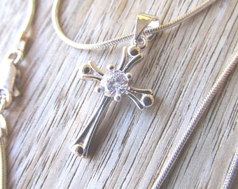 Silver cross crucifix pendant necklace cubic zirconia sterling silver serpentine chain ladies Catholic Christian necklace jewelry gifts