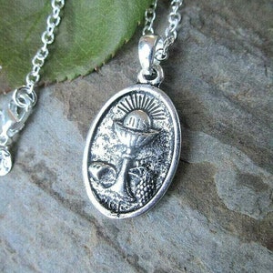 Holy Communion Confirmation medal pendant necklace Eucharist bread and wine chalice Holy Spirit Catholic Christian jewelry necklace gifts.