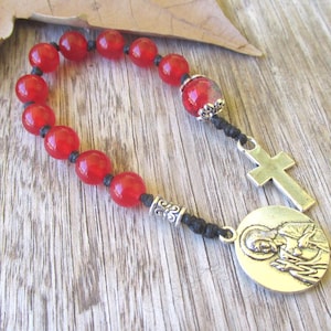 Gemstone rosary chaplet pocket rosary beads handmade knotted cord Sacred Heart of Jesus red quartz chaplet Catholic Christian gifts.