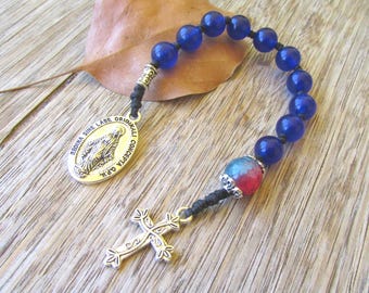 Gemstone rosary chaplet pocket rosary beads handmade knotted cord Mircaculous Mary Our Lady blue chaplet Catholic Christian gifts.