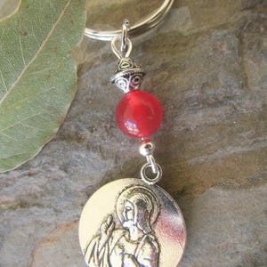 Sacred Heart of Jesus and Mary medal keychain key chain bag charm key ring red quartz gemstone keychain protection Christian Catholic gift.