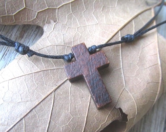 Wooden cross crucifix pendant necklace adjustable cord choker minimalist cross Christian Catholic jewelry gifts.