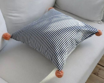 Scandi Black And White Striped Canvas Cushion Cover Pompoms Farmhouse Pillow Cover Bohemian 18” x 18”