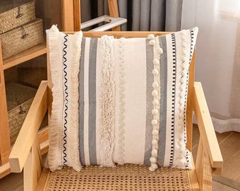 Bohemian Beige Textured Scandi Cushion, Natural Cream Canvas Pompom Boho Cotton Cushion Cover, Tassels Embroidered Woven 18” x 18”