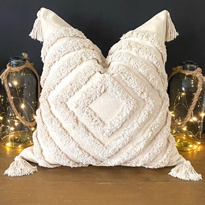 Bohemian Beige Tufted Scandi Cushion, Natural Cream Canvas Graphic Cotton Boho Cushion Cover, Tassels Embroidered Woven 18” x 18”