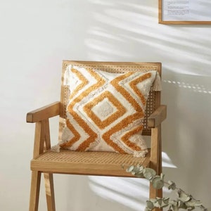 Bohemian Beige Mustard Tufted Scandi Cushion Natural Canvas Graphic Cotton Boho Cushion Cover Tassels Embroidered Woven 18 x 18