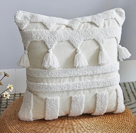 Bohemian Ivory Tufted Scandi Cushion Off white Canvas Graphic Cotton Boho Cushion Cover Tassels Embroidered Woven 18 X 18 Etsy Canada