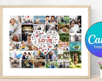 Love Themed Photo Collage Poster, 28 Photo Frames, Editable Canva Template (Digital)