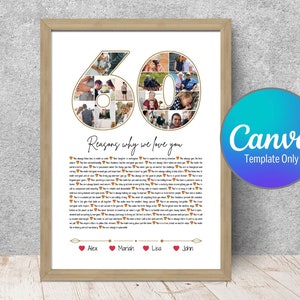 60 razones por las que te amamos, regalo de 60 cumpleaños para la abuela, regalo de 60 cumpleaños para el abuelo, marcos de fotos del número 60, collage de fotos para el 60.