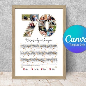 70 motivos pelos quais te amamos, presente de 70º aniversário para a avó, presente de 70º aniversário para o avô, molduras para fotos com o número 70, colagem de fotos de 70º aniversário