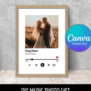 May include: A printable template for a music photo gift. The template features a photo of a couple in a field, a song title, artist name, and a music player interface with play, pause, and skip buttons.