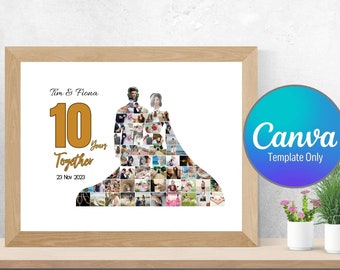 Wedding Anniversary Photo Collage Template, Couple Silhouette Collage, Editable Canva Wall Art