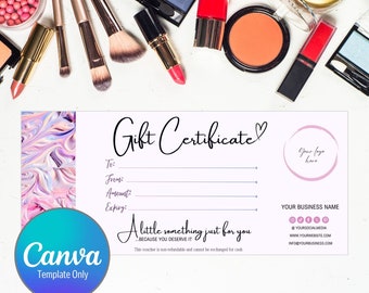 Op de afbeelding: Een roze en blauwe marmeren cadeaubon-sjabloon met de tekst "Gift Certificate" in zwarte cursieve letters. Het sjabloon bevat velden voor "Aan", "Van", "Bedrag" en "Vervaldatum". De tekst "A little something just for you... because you deserve it" staat onder de velden gedrukt. Het sjabloon is 8,5 inch bij 3,75 inch.