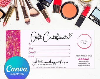 Op de afbeelding: Een roze en witte cadeaubon-sjabloon met een roze en wit marmerpatroon aan de linkerkant. De tekst "Gift Certificate" is in cursief geschreven met een hartje. Het sjabloon bevat velden voor "To", "From", "Amount" en "Expiry". De tekst "A little something just for you... because you deserve it" is in cursief geschreven. Het sjabloon bevat ook een ruimte voor een logo en contactgegevens. Het sjabloon is 8,5 inch bij 3,75 inch.