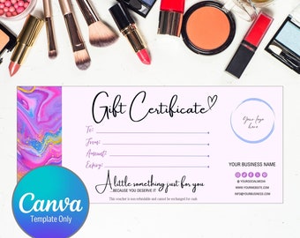 Op de afbeelding: Een lichtroze cadeaubon sjabloon met de woorden "Gift Certificate" in cursief. De sjabloon bevat velden voor "To:", "From:", "Amount:", en "Expiry:". De Canva-sjabloon is 21,6 cm x 9,5 cm groot.