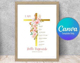 Floral Baptism Canva Template, Gold Cross Wall Art, Editable Baby Name & Bible Verses (Digital)
