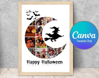Halloween Photo Collage Template, Silhouette Witch, Flying Bats, Editable Happy Halloween (Digital)