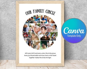 Mall för fotokollage med familjecirkel, anpassad familjegåva, personliga ramar, Canva (digitalt)